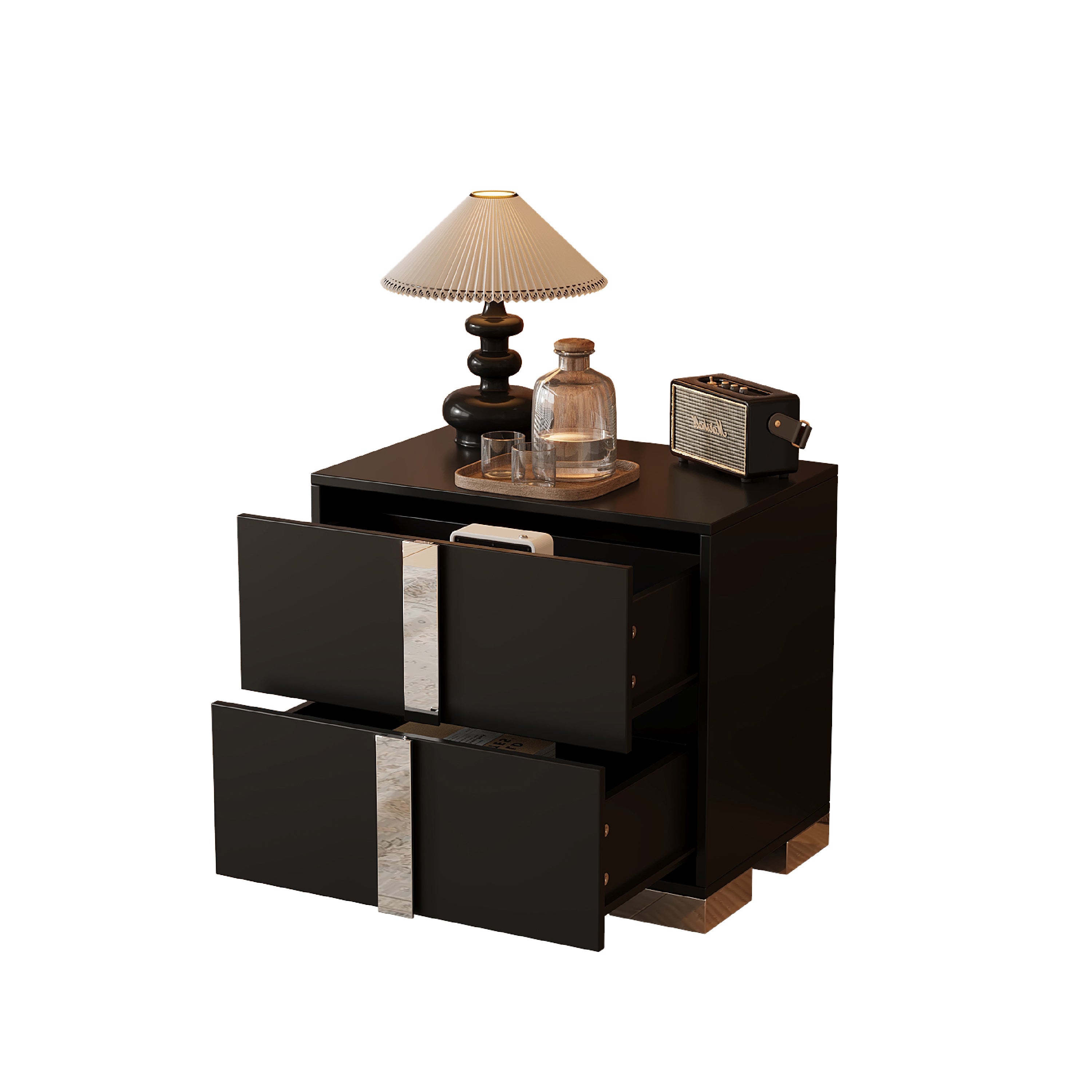 Elegant Nightstand with Metal Foot, Mirrored Bedside Table with 2 Drawers for Bedroom, Living Room, Black - Grand Goldman Shop