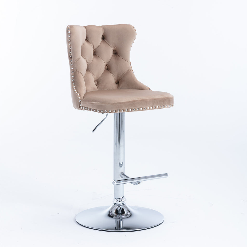 A&A Furniture,Swivel Velvet Barstools Adjusatble Seat Height from 25-33 Inch, Modern Upholstered Chrome base Bar Stools with Backs Comfortable Tufted for Home Pub and Kitchen Island（Khaki,Set of 2） - Grand Goldman Shop