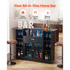 Home Bar Unit, Wine Bar Cabinet Table 4-Tier with Storage Drawer Shelves, Wine Glass Holder, Bottle Rack, LED Light, Wood & Metal Liquor Cabinet for Home, Basement, Kitchen, Living Room, Black - Grand Goldman Shop