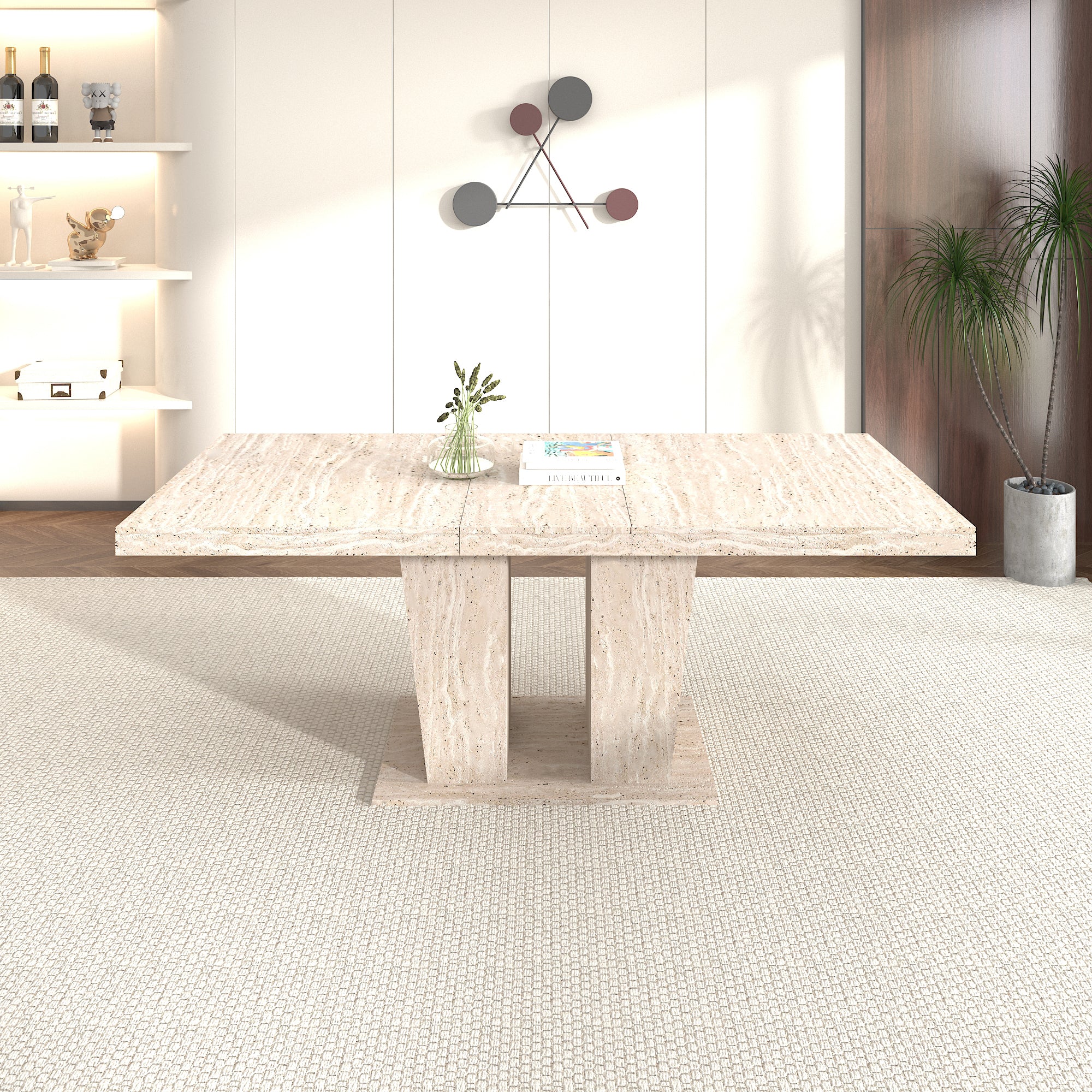 Rectangular extendable dining table, suitable for 6-10 people, with veined travertine pattern, dimensions 160-200 cm, simple and elegant. - Grand Goldman Shop