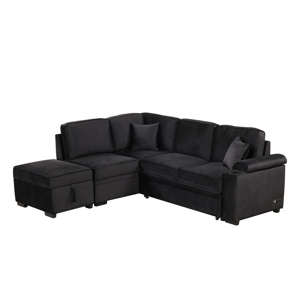 Modern Velvet Sleeper Sofa Bed with Storage Ottoman, Black, 84.75' L Shape - Grand Goldman Shop