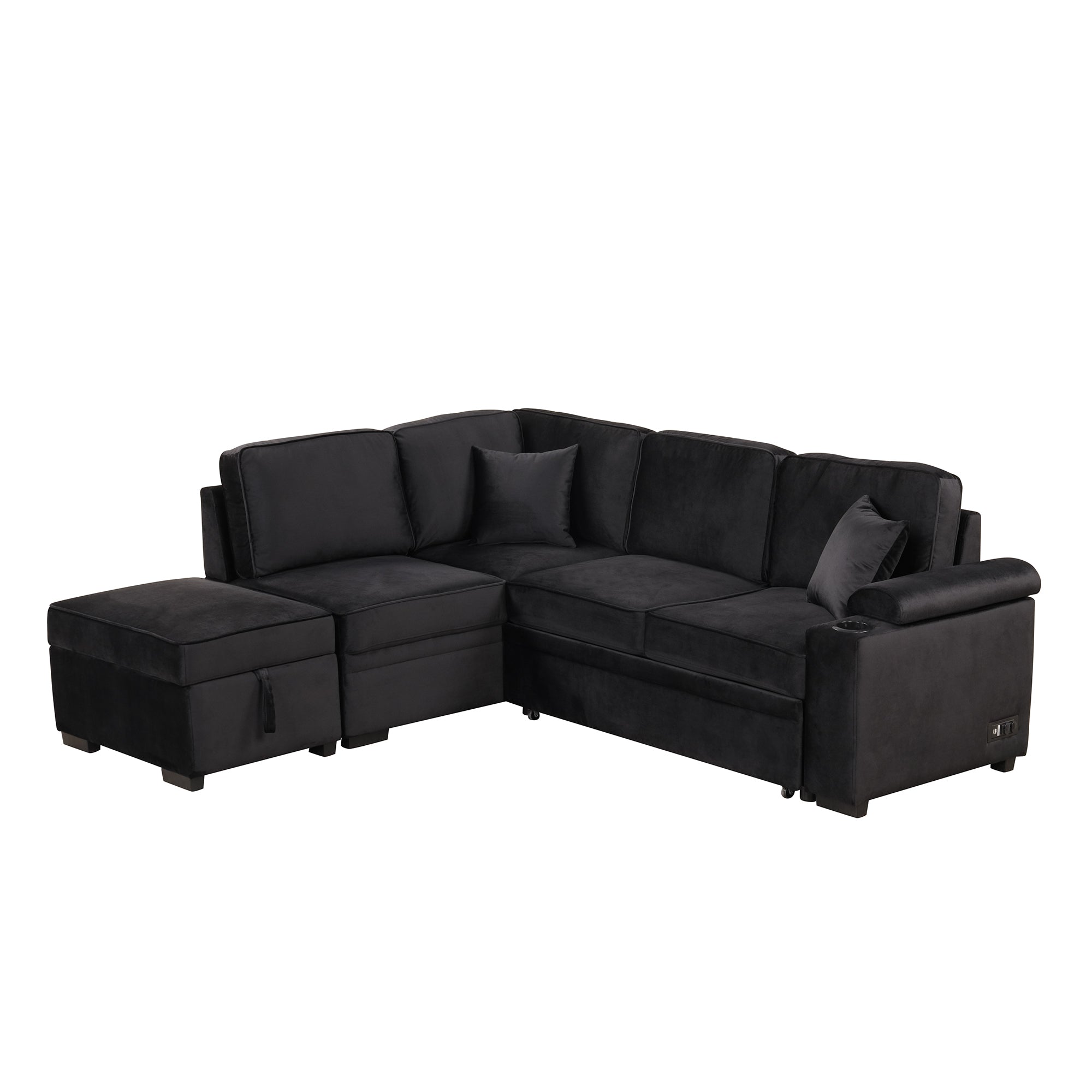 Modern Velvet Sleeper Sofa Bed with Storage Ottoman, Black, 84.75' L Shape - Grand Goldman Shop