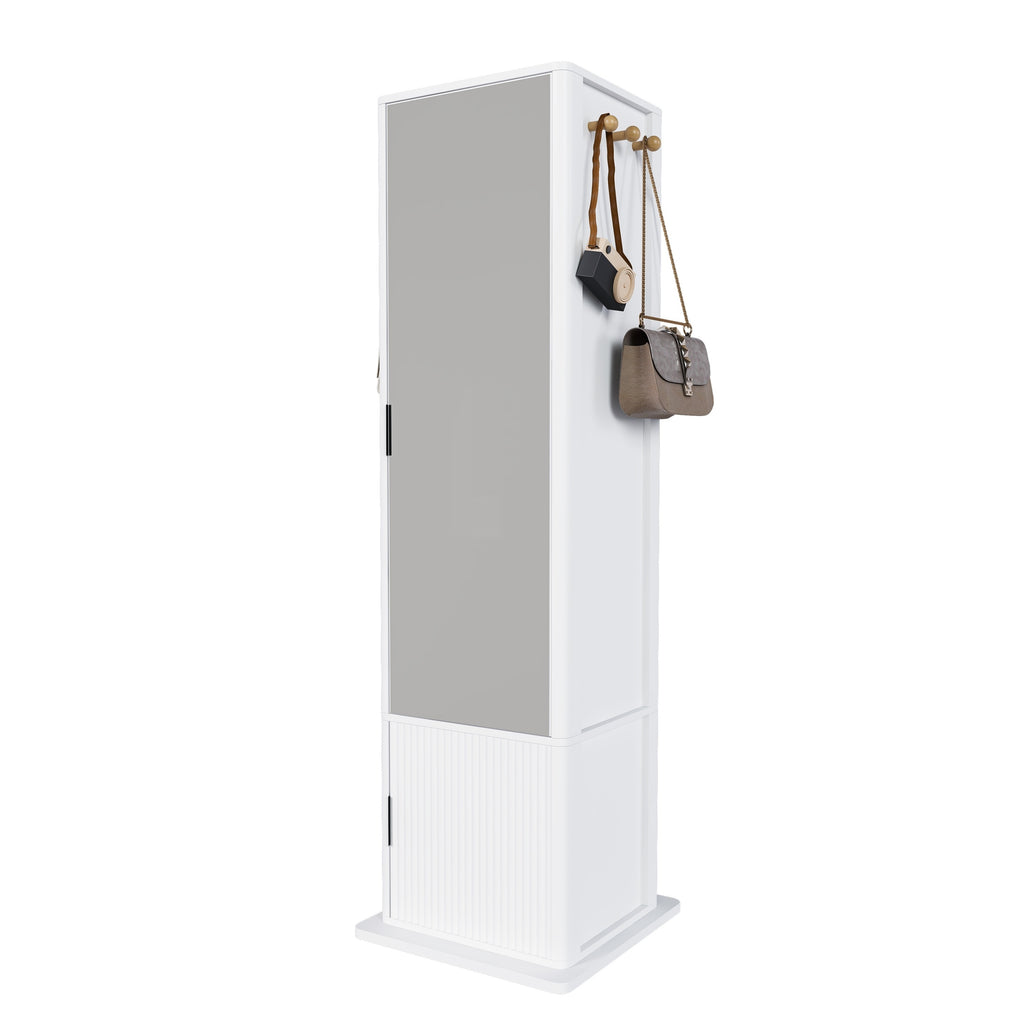 360° Rotating White Makeup Cabinet with Full-Length Mirror, Jewelry Storage, Coat Rack, 4 Open Shelves, 2 Built-In Shelves, MDF and Glass - Grand Goldman Shop