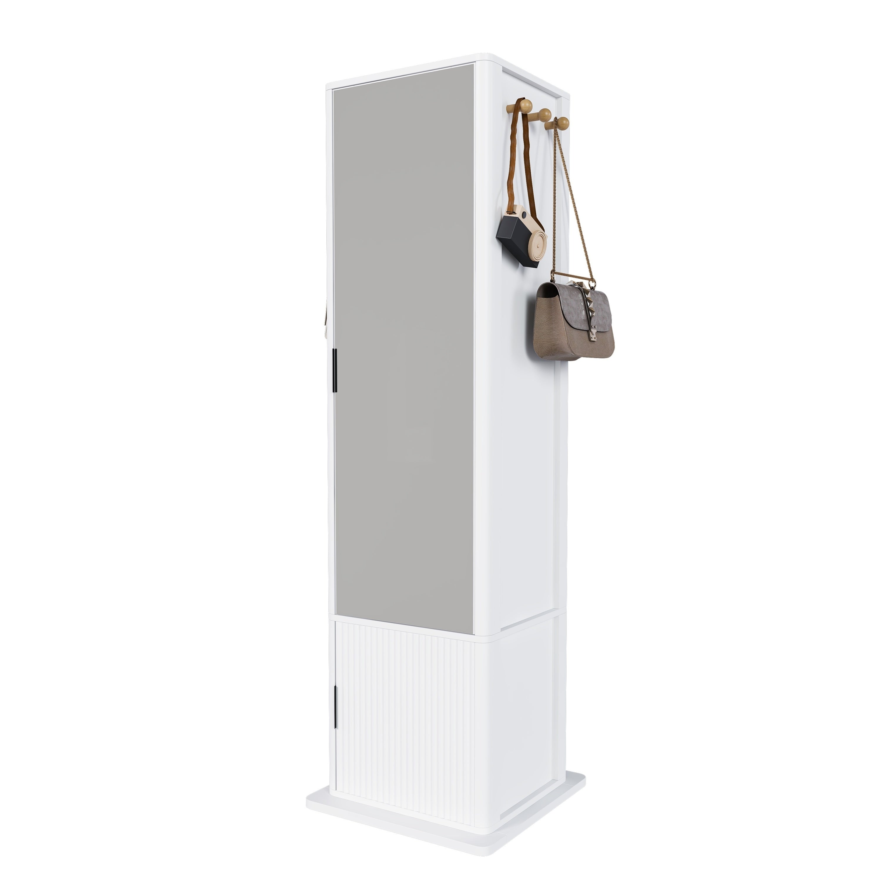 360° Rotating White Makeup Cabinet with Full-Length Mirror, Jewelry Storage, Coat Rack, 4 Open Shelves, 2 Built-In Shelves, MDF and Glass - Grand Goldman Shop