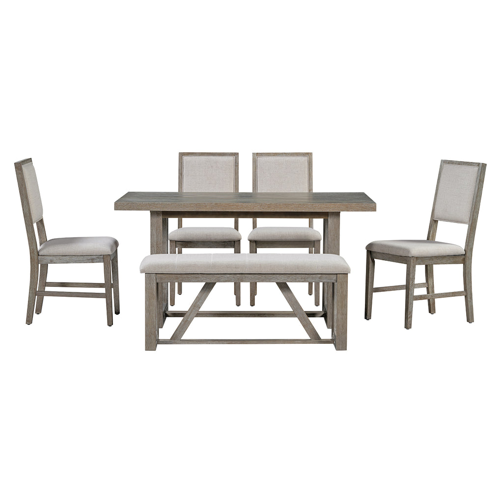 TREXM 6-Piece Retro Dining Table Set for 6, 60' Wood Kitchen Table and Chairs Set of 4 with Bench Designed Trestle Base for kitchen & Dining Room (Gray) - Grand Goldman Shop