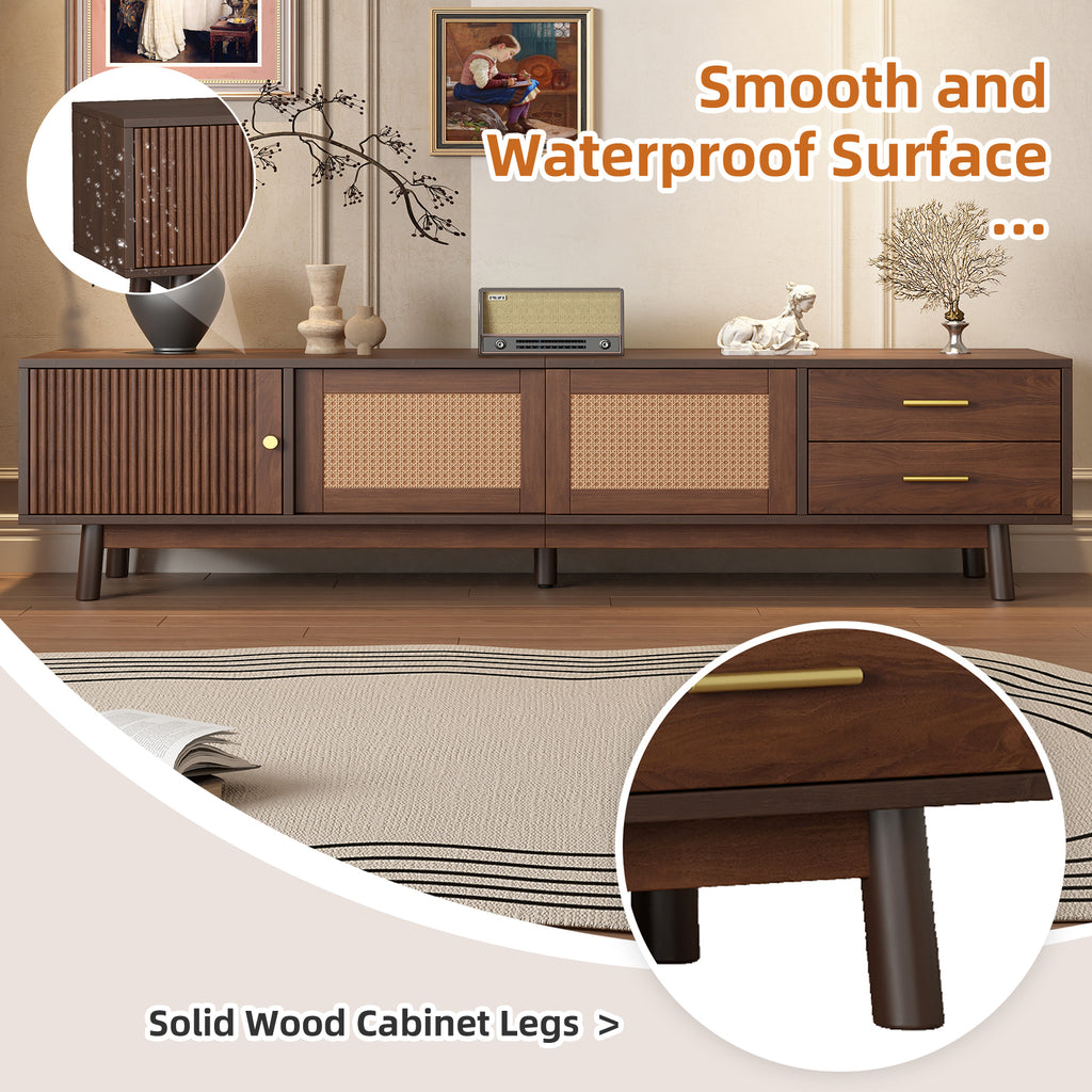 Mid Century Modern TV Stand for 80' TVs with Sliding Doors and Drawers, Dark Brown Rattan Accent Storage Unit in Solid Wood and MDF, 70.87' L x 15.35' W x 18.11' H - Grand Goldman Shop