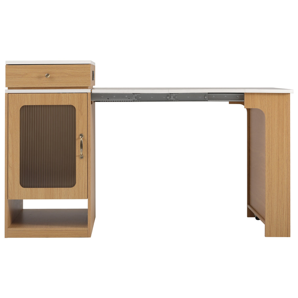 K&K 59.5'Kitchen Island with Extendable Dining Table, Kitchen Storage Table with Double-sided Storage, Kitchen Island with 2 Drawers, Power Outlet, Side Open Shelves, for Kitchen, Dining Room, Natural - Grand Goldman Shop