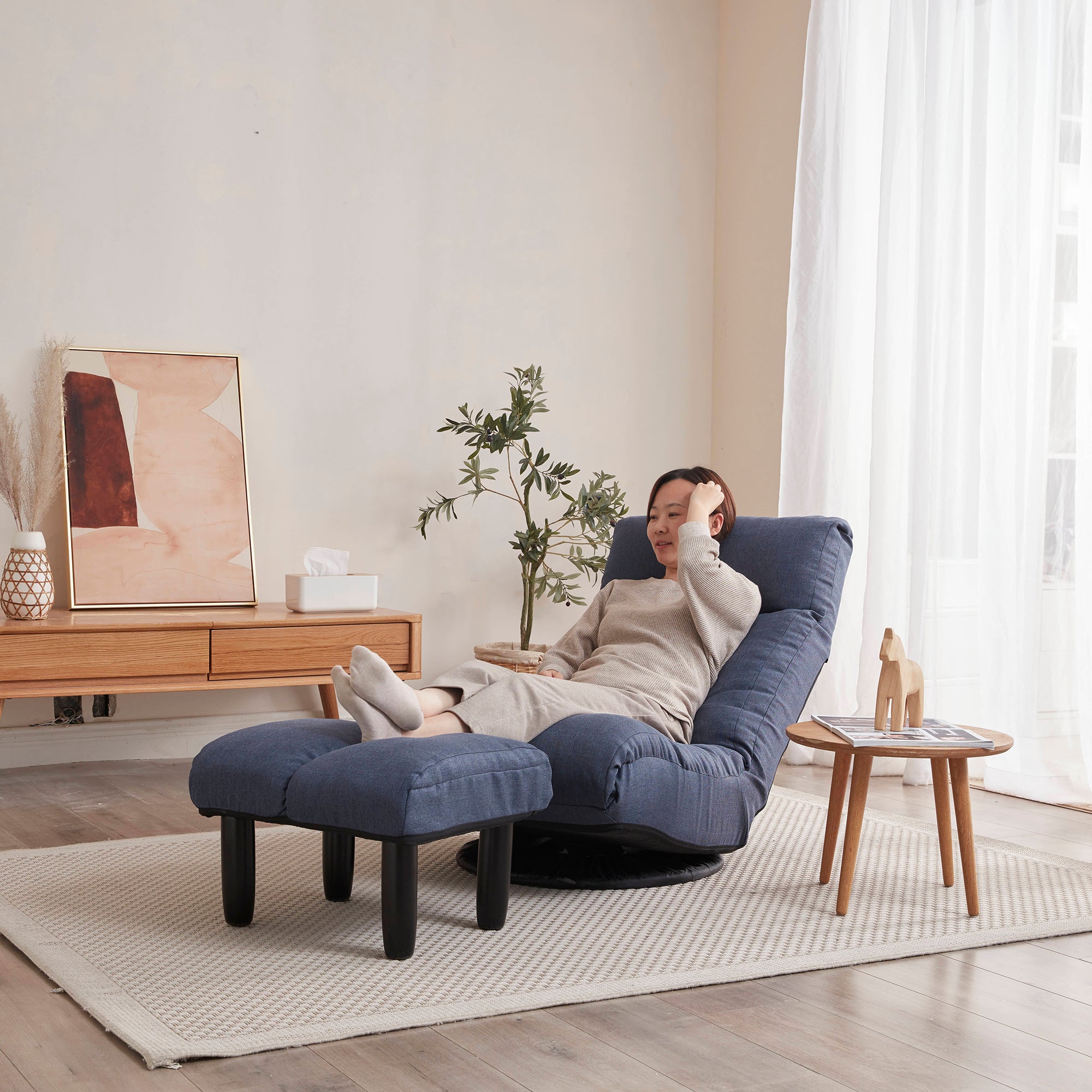 Navy Adjustable Japanese Reclining Floor Chair Sofa with Metal Frame for Living Room & Balcony - Grand Goldman Shop