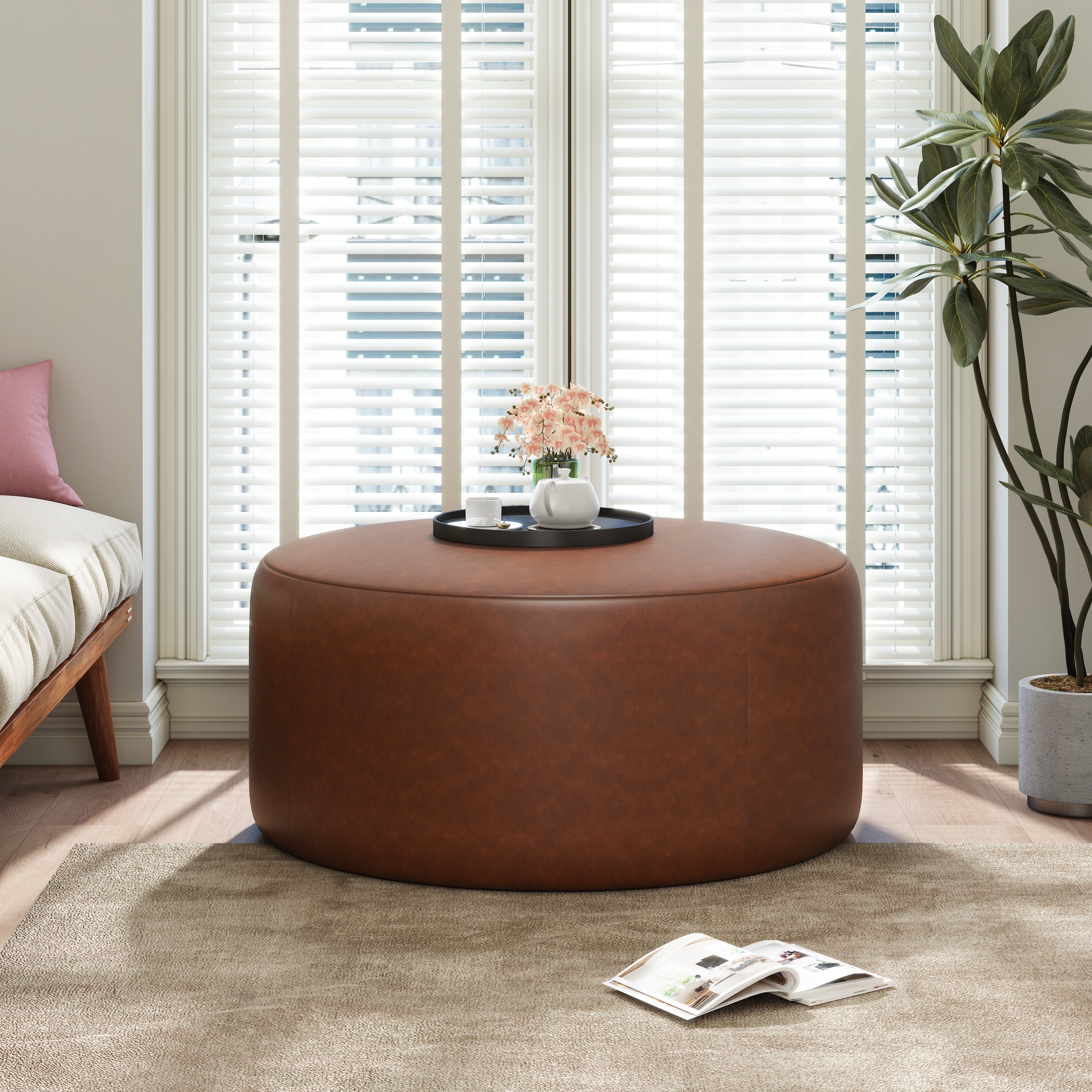 Upholstered Round Ottoman,PU Leather,Brown - Grand Goldman Shop