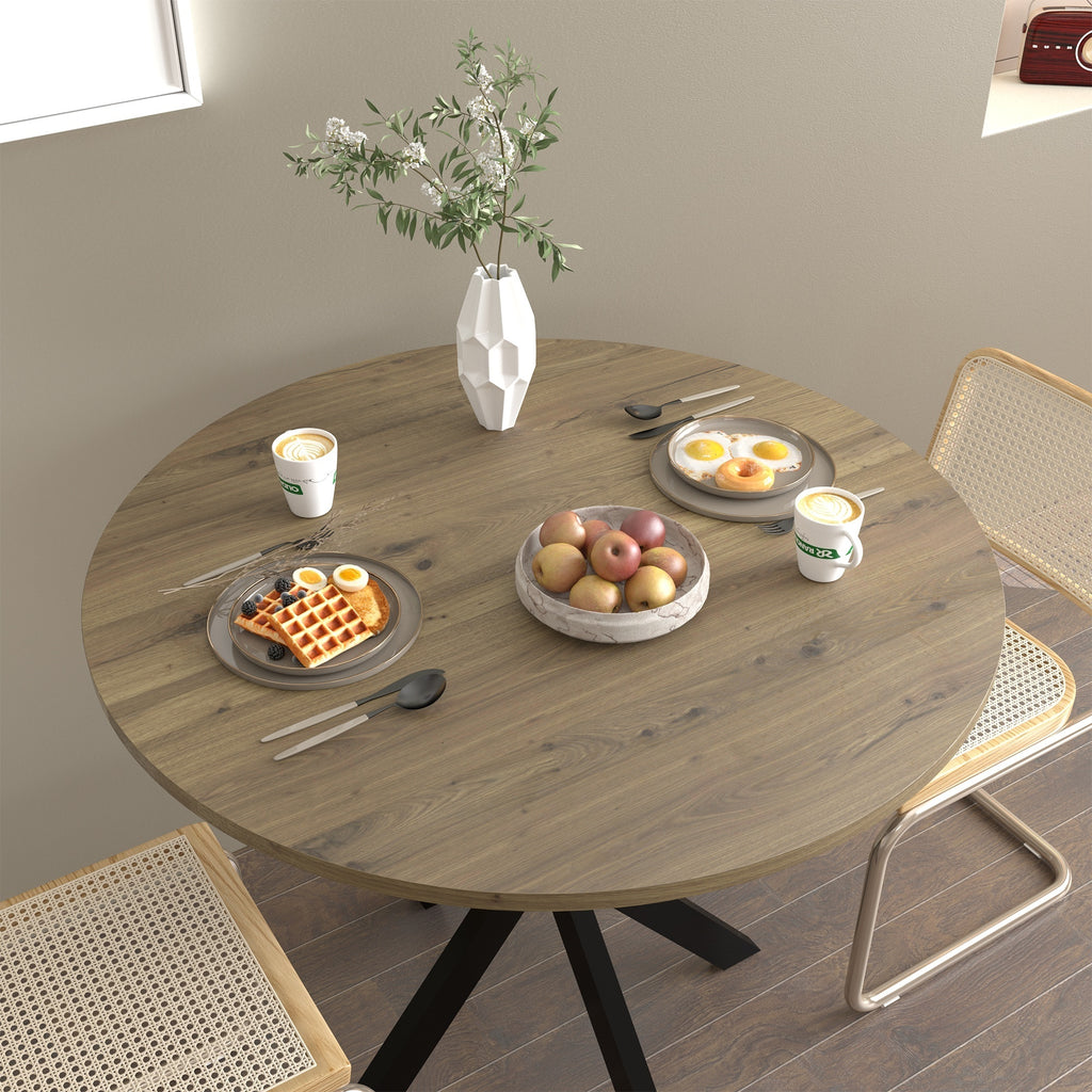 Modern 31.5 Inch Round Dining Table in Rustic Brown with Black Metal Legs, MDF Top for 2-4 People, Compact Kitchen or Dining Room Table - Grand Goldman Shop