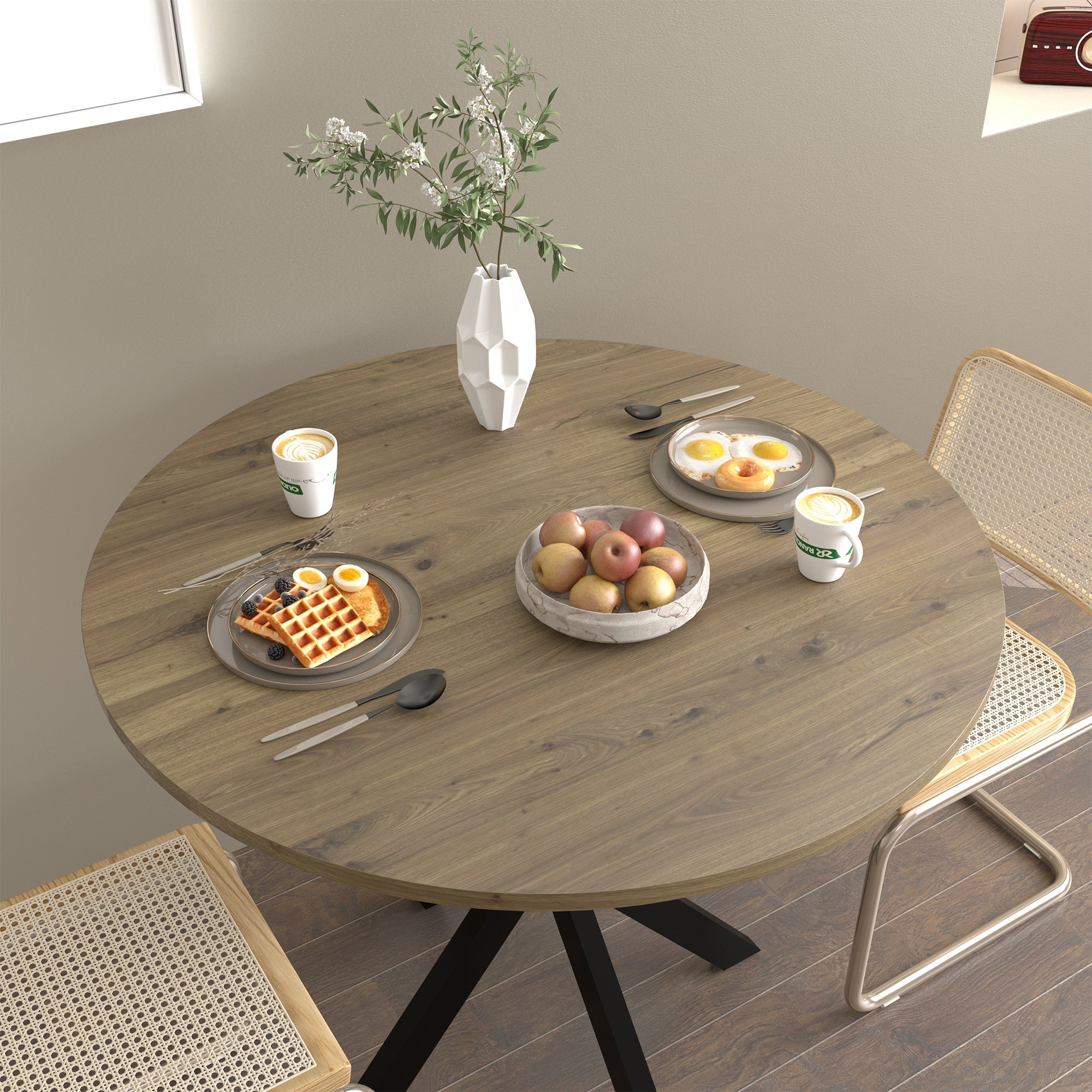 Modern 31.5 Inch Round Dining Table in Rustic Brown with Black Metal Legs, MDF Top for 2-4 People, Compact Kitchen or Dining Room Table - Grand Goldman Shop