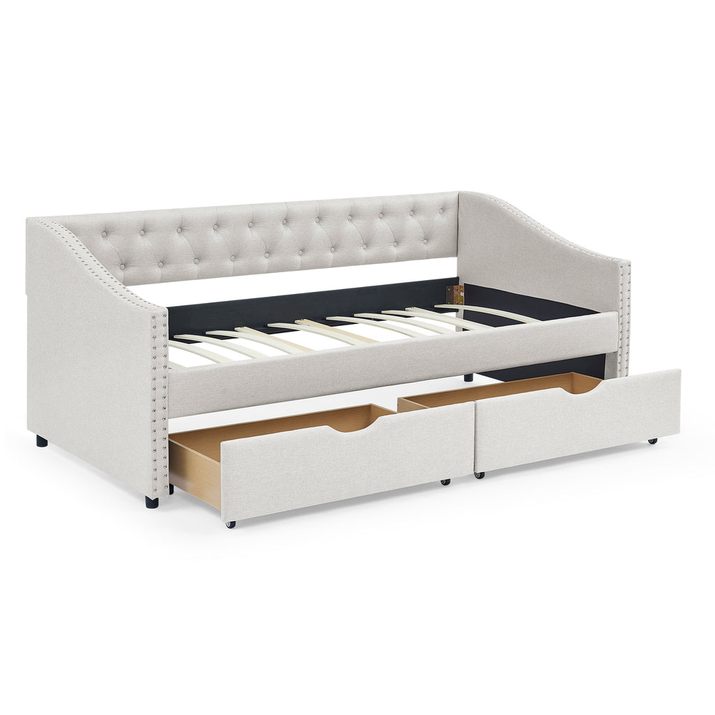 Mid-Century Twin Size Daybed with Drawers, Button Tufted Back and Copper Nail Trimmed Waved Arms, Beige Linen Upholstery, 81.5''x41''x30.5'' - Grand Goldman Shop