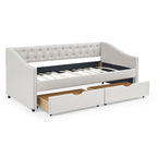Mid-Century Twin Size Daybed with Drawers, Button Tufted Back and Copper Nail Trimmed Waved Arms, Beige Linen Upholstery, 81.5''x41''x30.5'' - Grand Goldman Shop