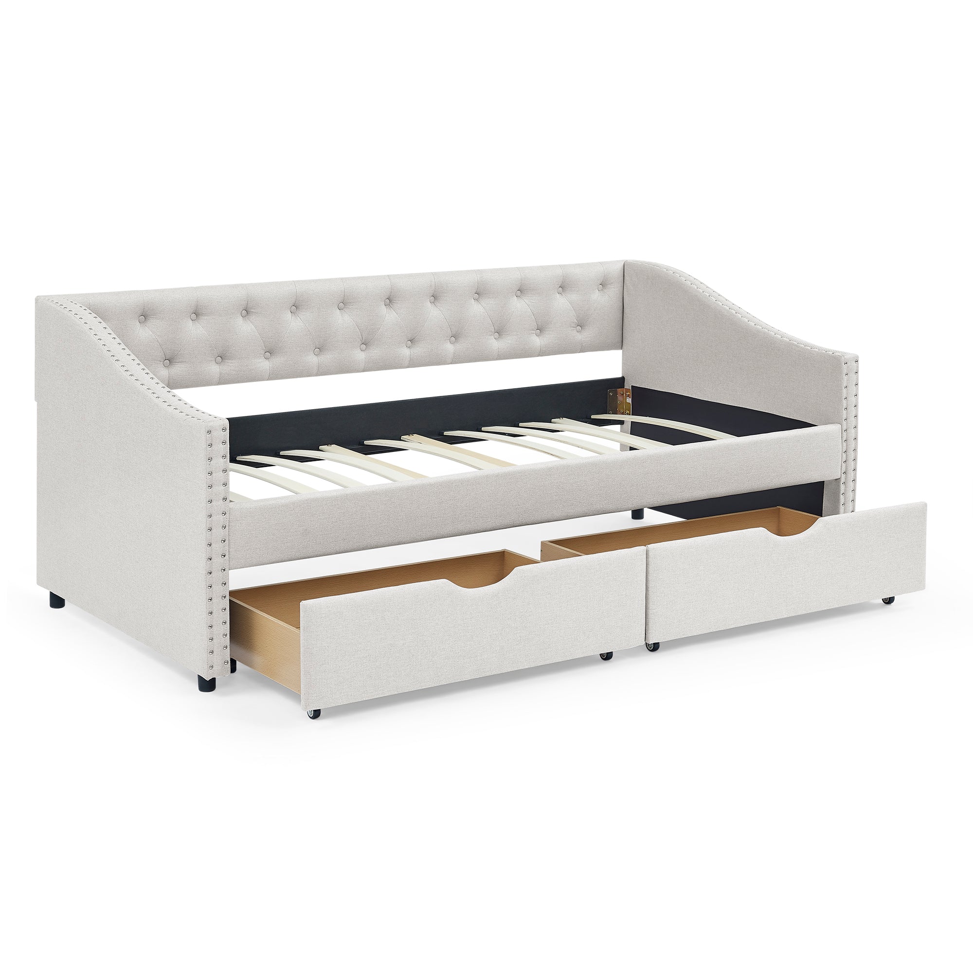 Mid-Century Twin Size Daybed with Drawers, Button Tufted Back and Copper Nail Trimmed Waved Arms, Beige Linen Upholstery, 81.5''x41''x30.5'' - Grand Goldman Shop