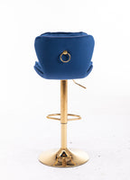 Set of 2  Bar Stools,with Chrome Footrest and Base Swivel Height Adjustable Mechanical Lifting Velvet + Golden Leg Simple Bar Stool-blue - Grand Goldman Shop