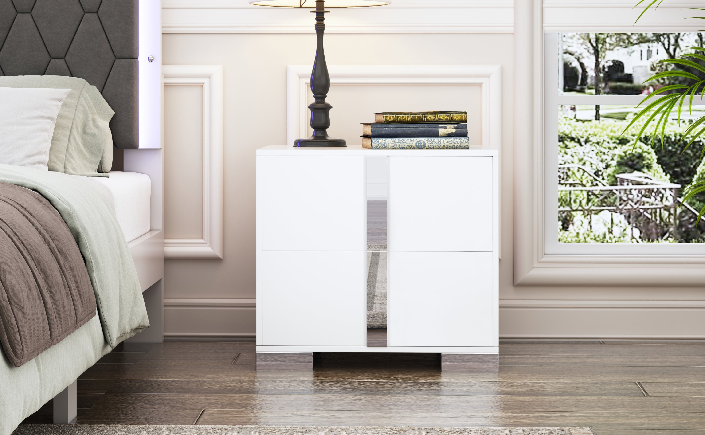 Elegant Nightstand with Metal Foot, Mirrored Bedside Table with 2 Drawers for Bedroom, Living Room, White (Old SKU: WF319353AAK) - Grand Goldman Shop