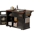 K&K 54.9' Kitchen Island with Drop Leaf, Power Outlet, Kitchen Storage Cart with 4 Door Shelves, Cross Barn Doors & Visual Glass Door, Rolling Kitchen Island on 4 Wheels for Kitchen, Dining Room,Black - Grand Goldman Shop