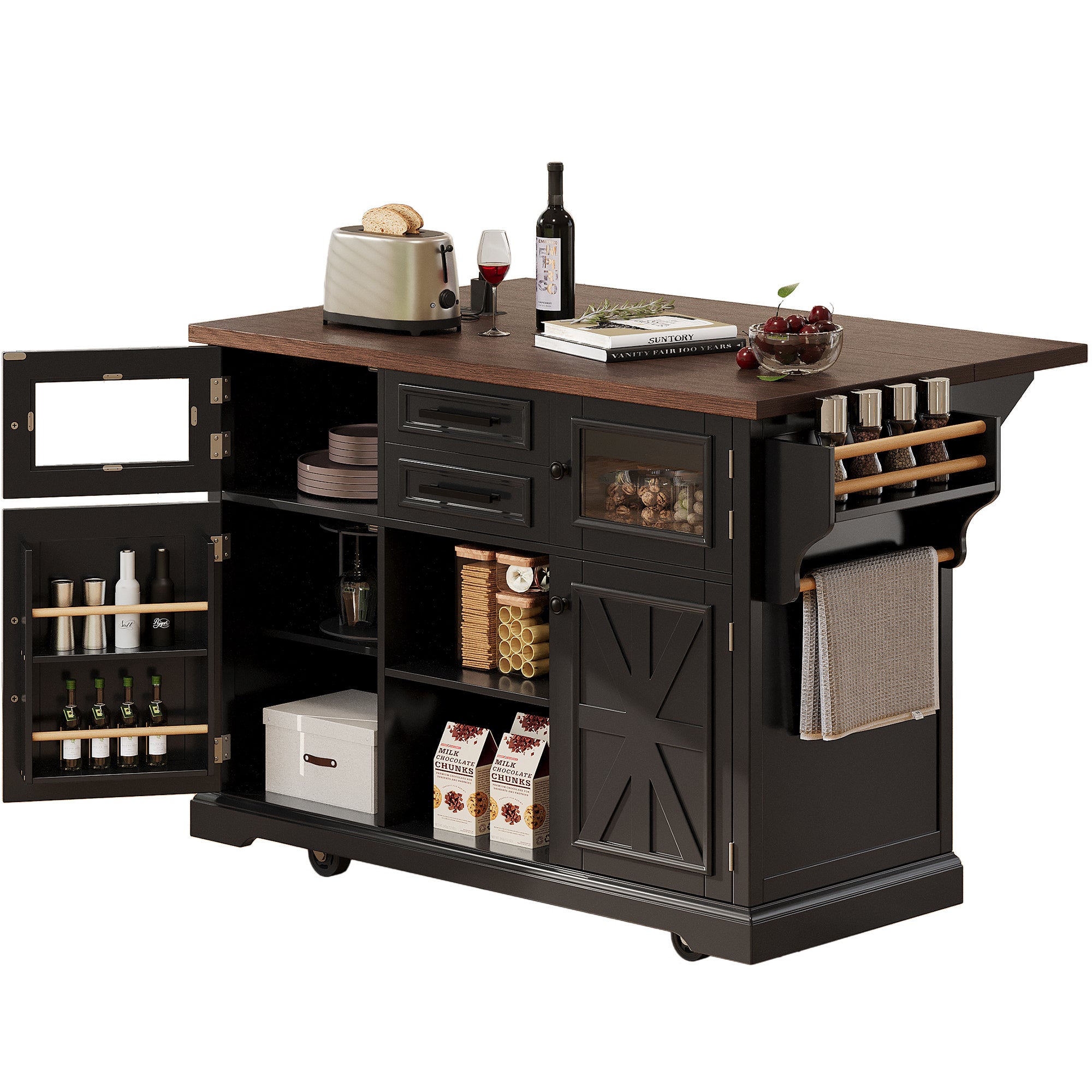 K&K 54.9' Kitchen Island with Drop Leaf, Power Outlet, Kitchen Storage Cart with 4 Door Shelves, Cross Barn Doors & Visual Glass Door, Rolling Kitchen Island on 4 Wheels for Kitchen, Dining Room,Black - Grand Goldman Shop