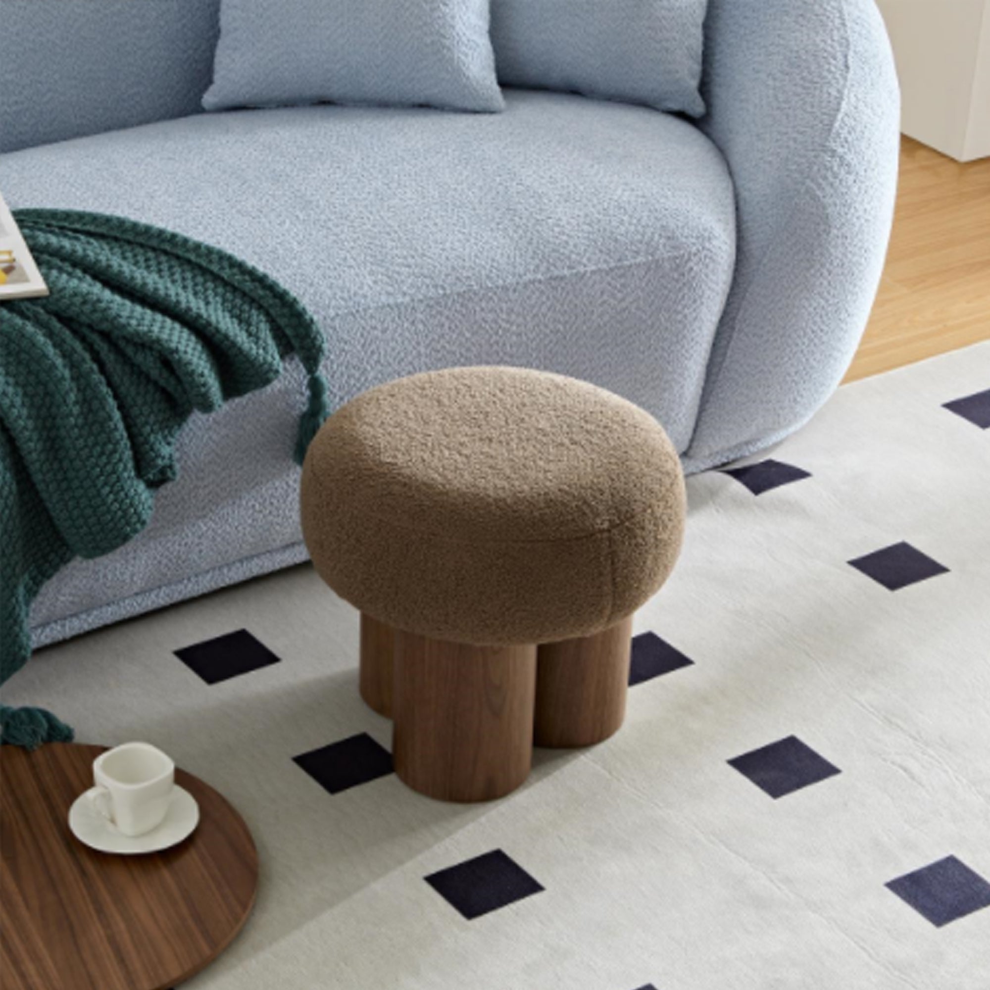 W8017-1 Mushroom Stool with Brown Lamb Wool Seat and Walnut Veneer Barrel PVC Pipe - Grand Goldman Shop