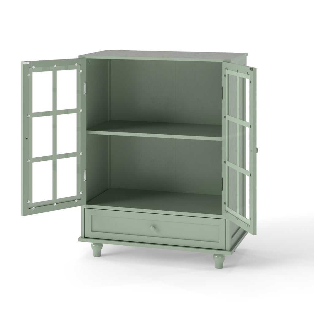 Minimalism Buffet Cabinet with Double Glass Doors and Drawer, Modern Wooden Storage Sideboard Cupboard, Mint Green, MDF and Solid Wood, 28''x15''x36.22'' - Grand Goldman Shop