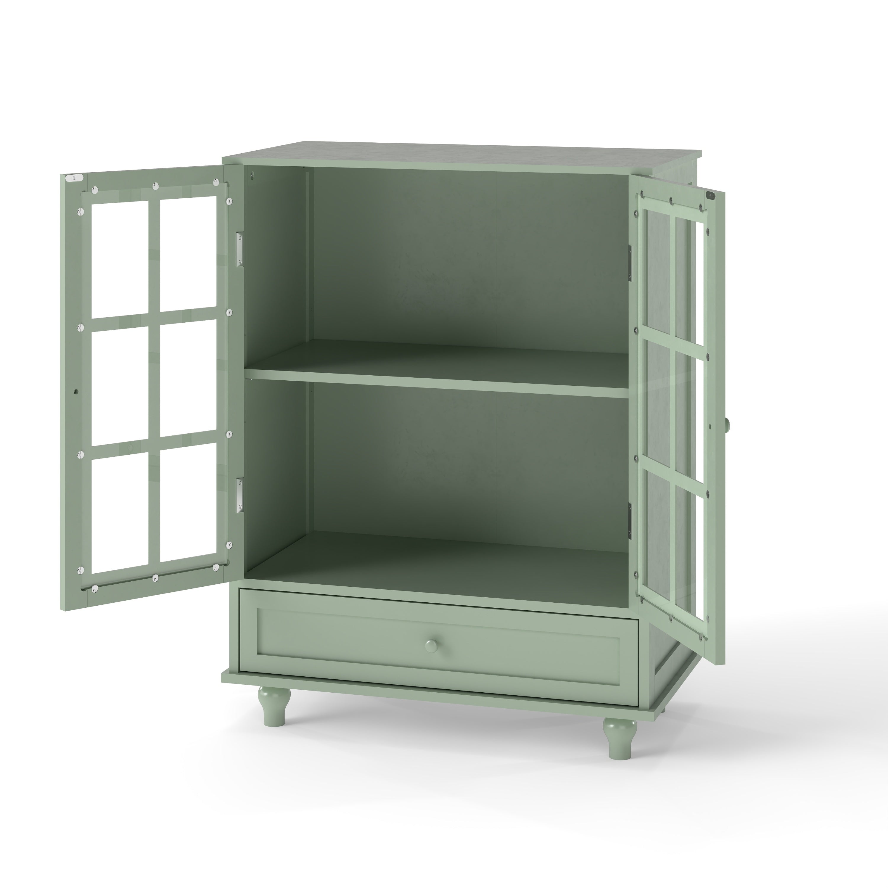Minimalism Buffet Cabinet with Double Glass Doors and Drawer, Modern Wooden Storage Sideboard Cupboard, Mint Green, MDF and Solid Wood, 28''x15''x36.22'' - Grand Goldman Shop