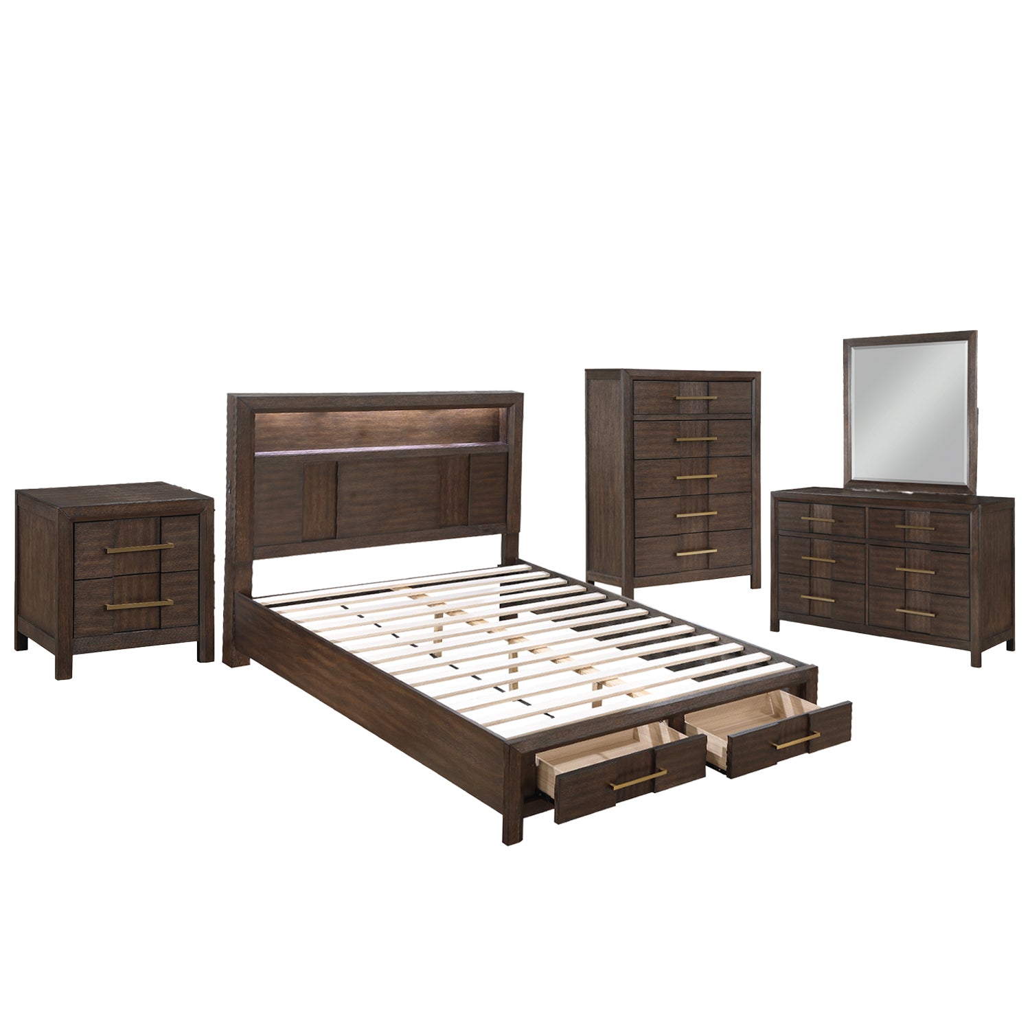 KENZO Modern King 5-Piece Storage Bedroom Set in Walnut Finish with LED Headboard, Bluetooth Speakers, USB Ports, Dresser, Mirror, Nightstand and Chest - Grand Goldman Shop