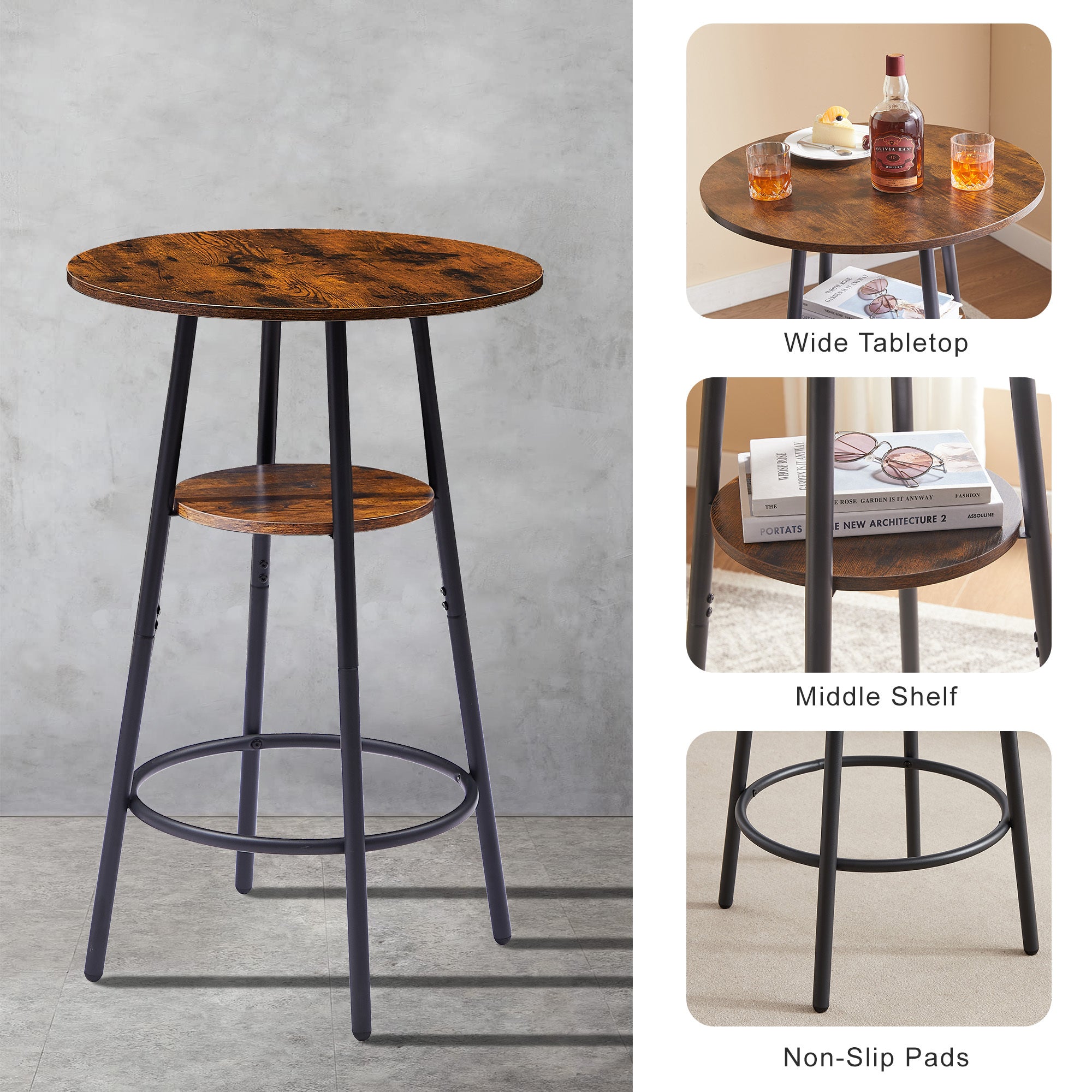 Round bar stool set with shelves, stool with backrest Rustic Brown, 23.6'' Dia x 35.4'' H - Grand Goldman Shop