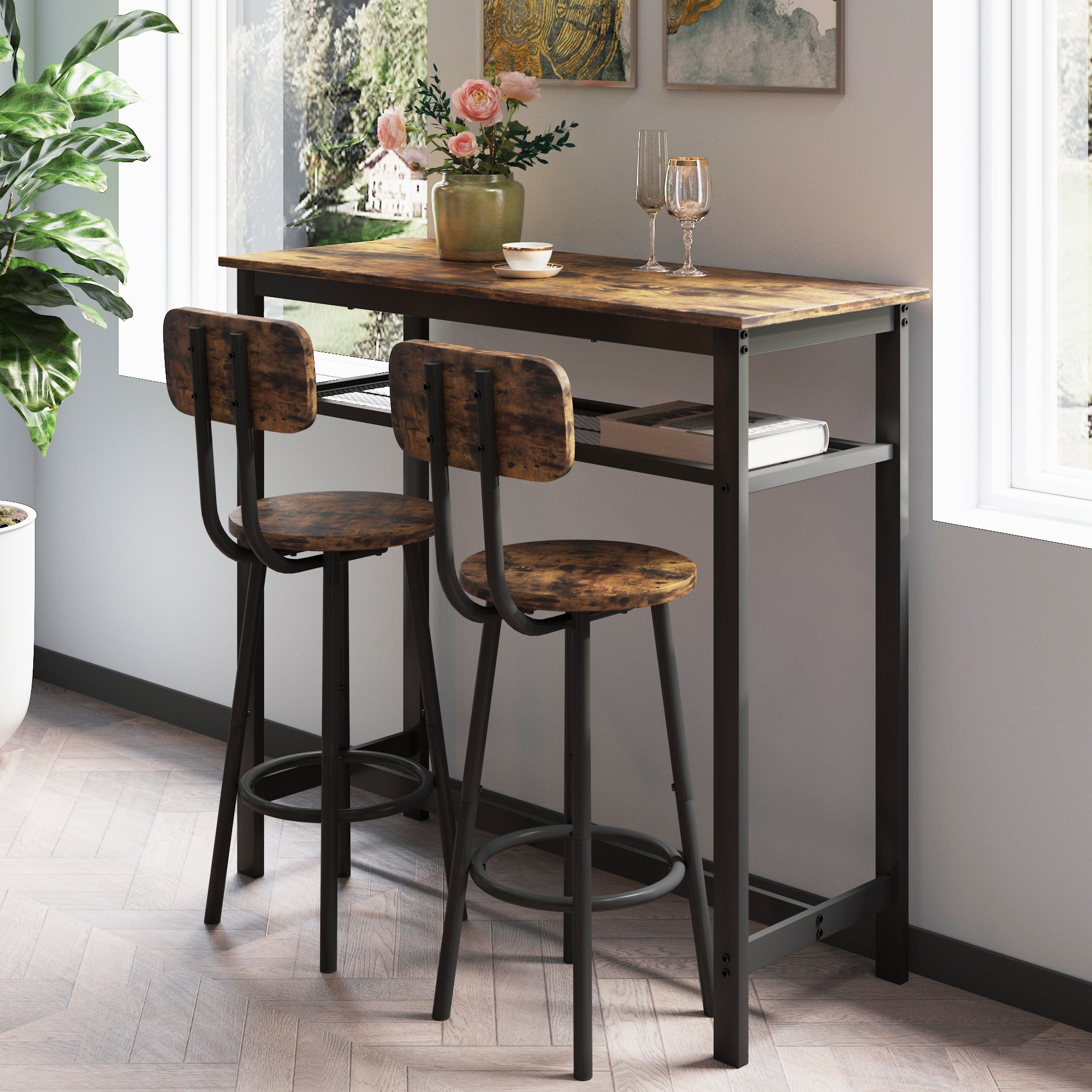 Bar table, equipped with 2 bar stools , with backrest and partition (Rustic Brown) - Grand Goldman Shop