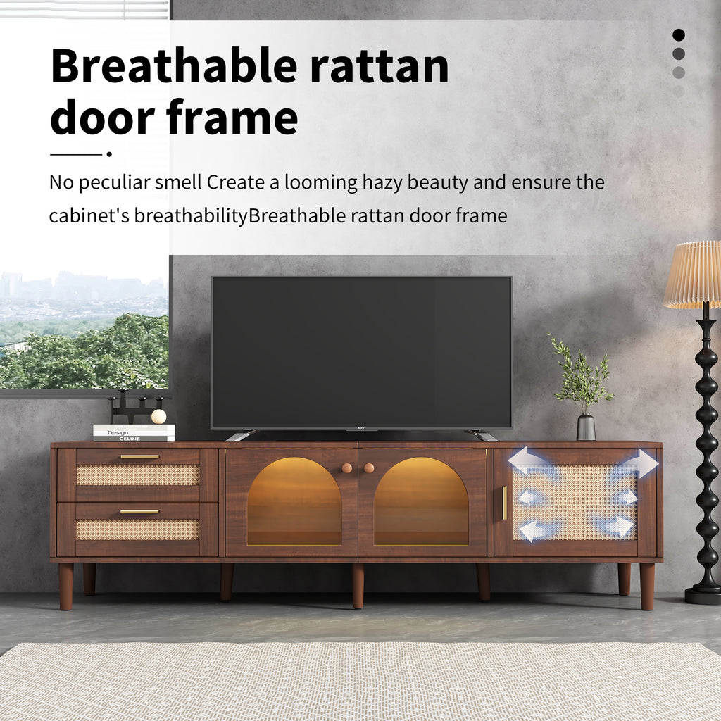 Dark Brown Rattan-inspired TV Stand with 3 Cabinets & 2 Drawers, LED Light Media Console for TVs up to 80'', MDF & Solid Wood Construction - Grand Goldman Shop
