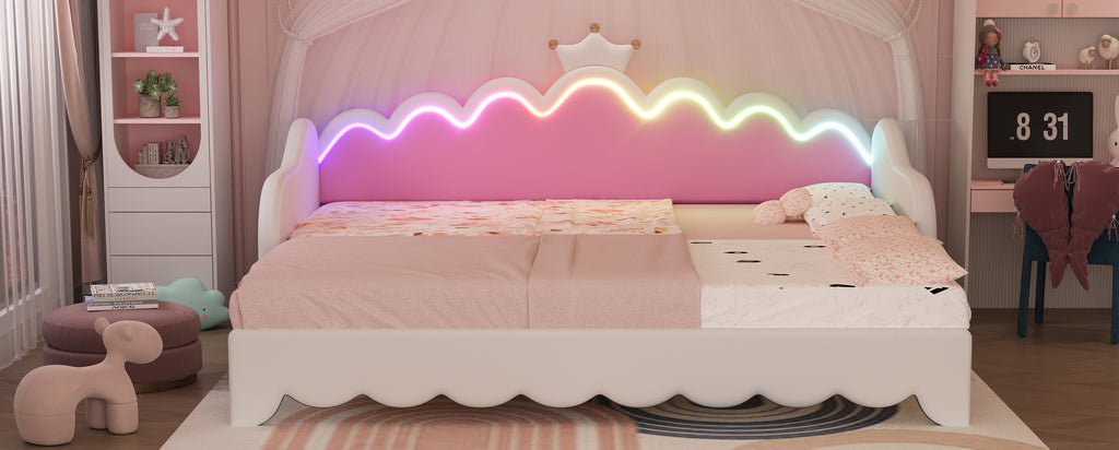 Twin Extending Daybed with LED Lights, Modern Upholstered Princess Daybed With Crown Headboard,White - Grand Goldman Shop