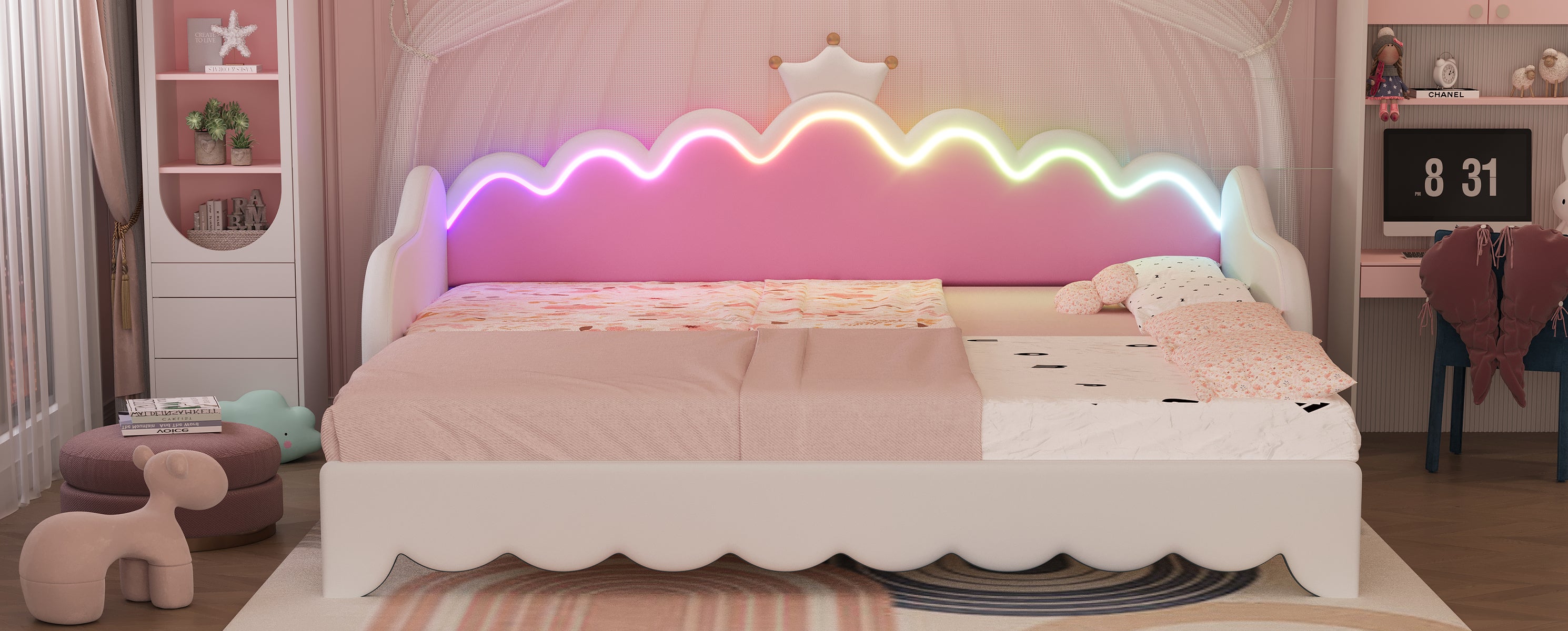 Twin Extending Daybed with LED Lights, Modern Upholstered Princess Daybed With Crown Headboard,White - Grand Goldman Shop