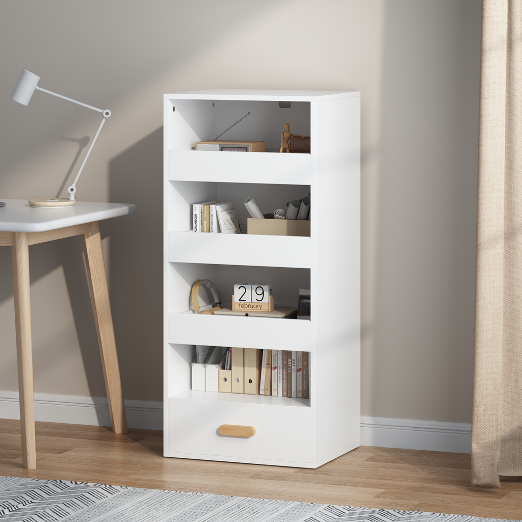 Stylish 4-Tier Freestanding Bookshelf with 3 Sliding Drawers and 1 Bottom Drawer in White, Engineered Wood - Available at Gra