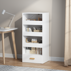 Stylish 4-Tier Freestanding Bookshelf with 3 Sliding Drawers and 1 Bottom Drawer in White, Engineered Wood - Available at Gra