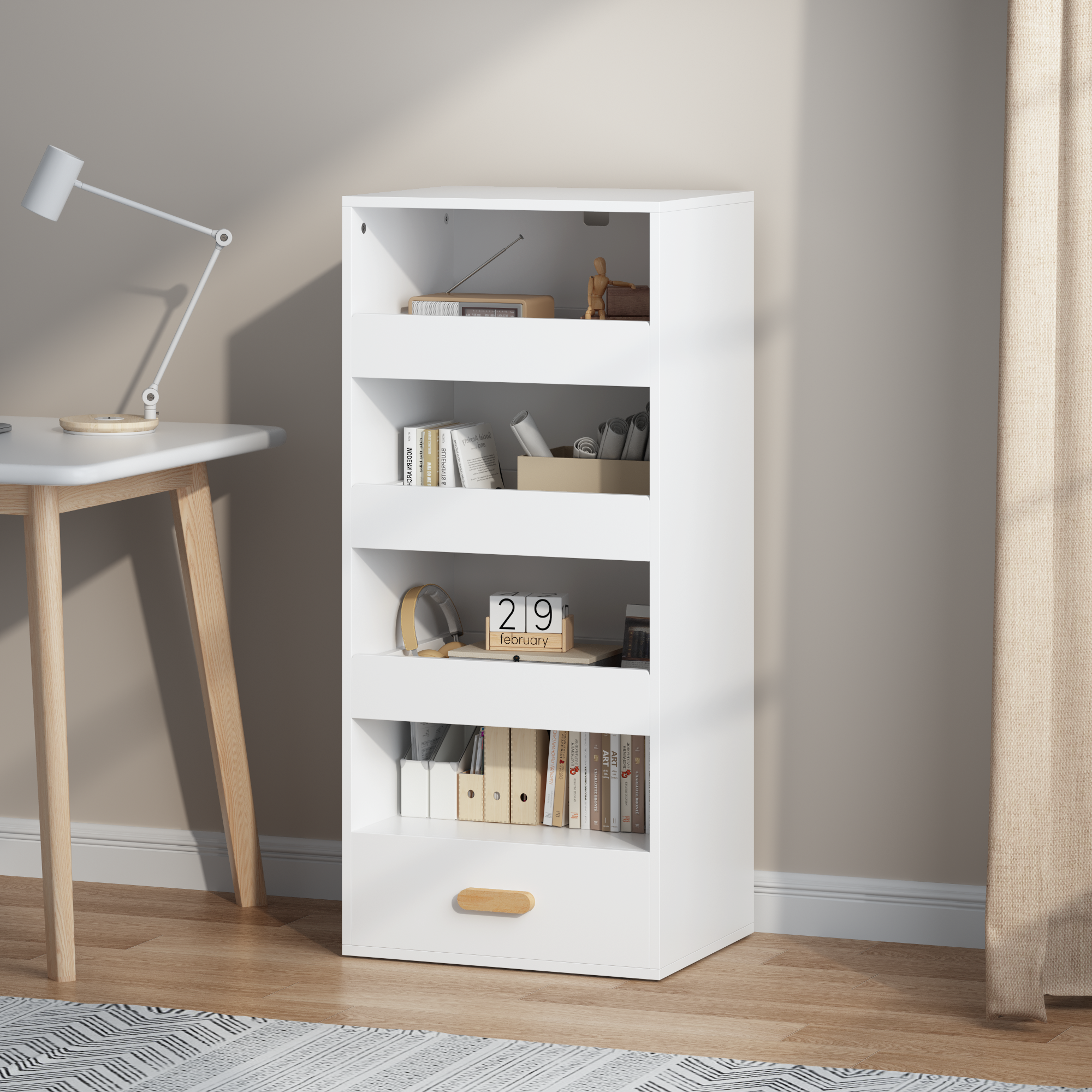 Stylish 4-Tier Freestanding Bookshelf with 3 Sliding Drawers and 1 Bottom Drawer in White, Engineered Wood - Available at Gra