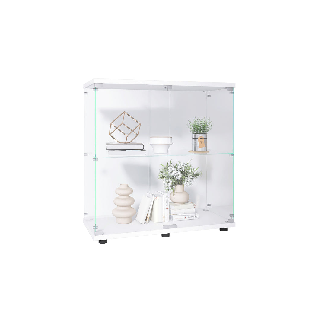 Two-door Glass Display Cabinet 2 Shelves with Door, Floor Standing Curio Bookshelf for Living Room Bedroom Office, 33.35'*31.