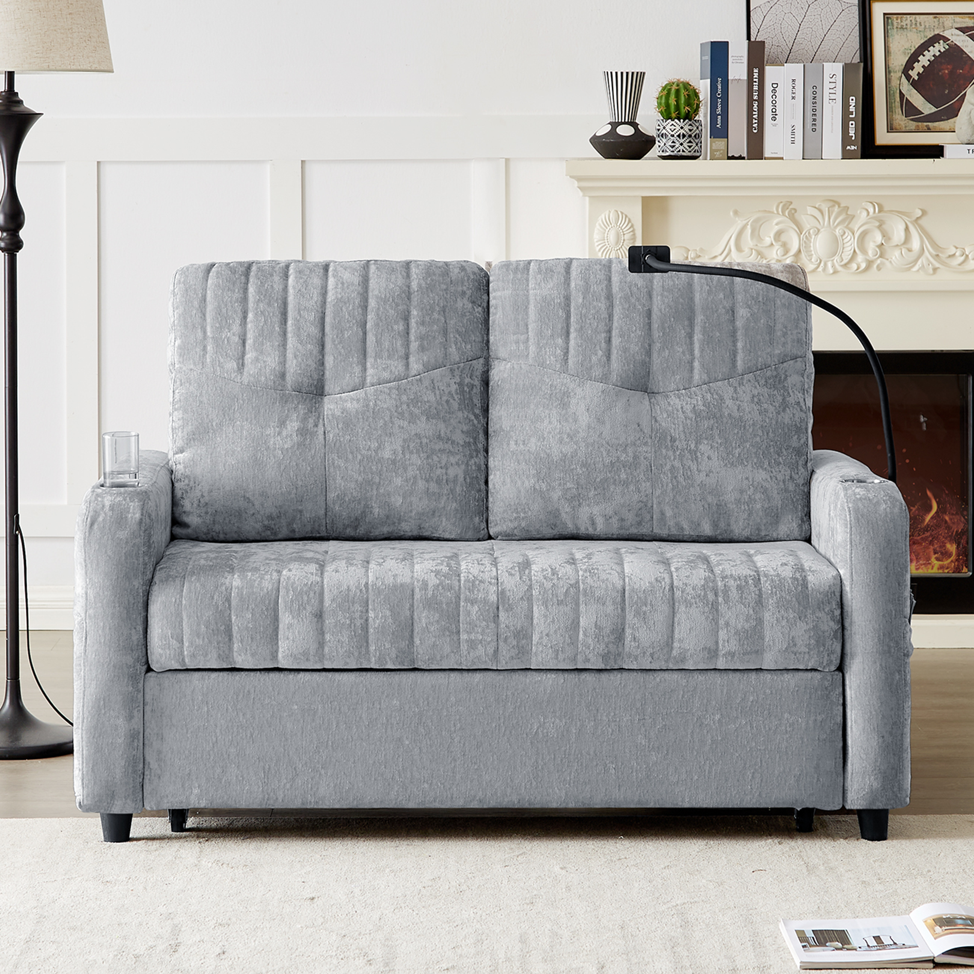 Modern Loveseat Pull-out Sofa Bed with Adjustable Backrest, Cup Holders, Phone Holder, Charging Ports, Side Storage Pockets, Grey Chenille - Grand Goldman Shop