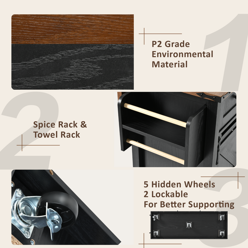 K&K 53.7' Farmhouse Kitchen Island with Power Outlet, 2 Sliding Barn Door Kitchen Storage Island with Drop Leaf, Spice Rack Rolling Kitchen Cart on Wheels, for Home, Kitchen and Dining Room, Black - Grand Goldman Shop