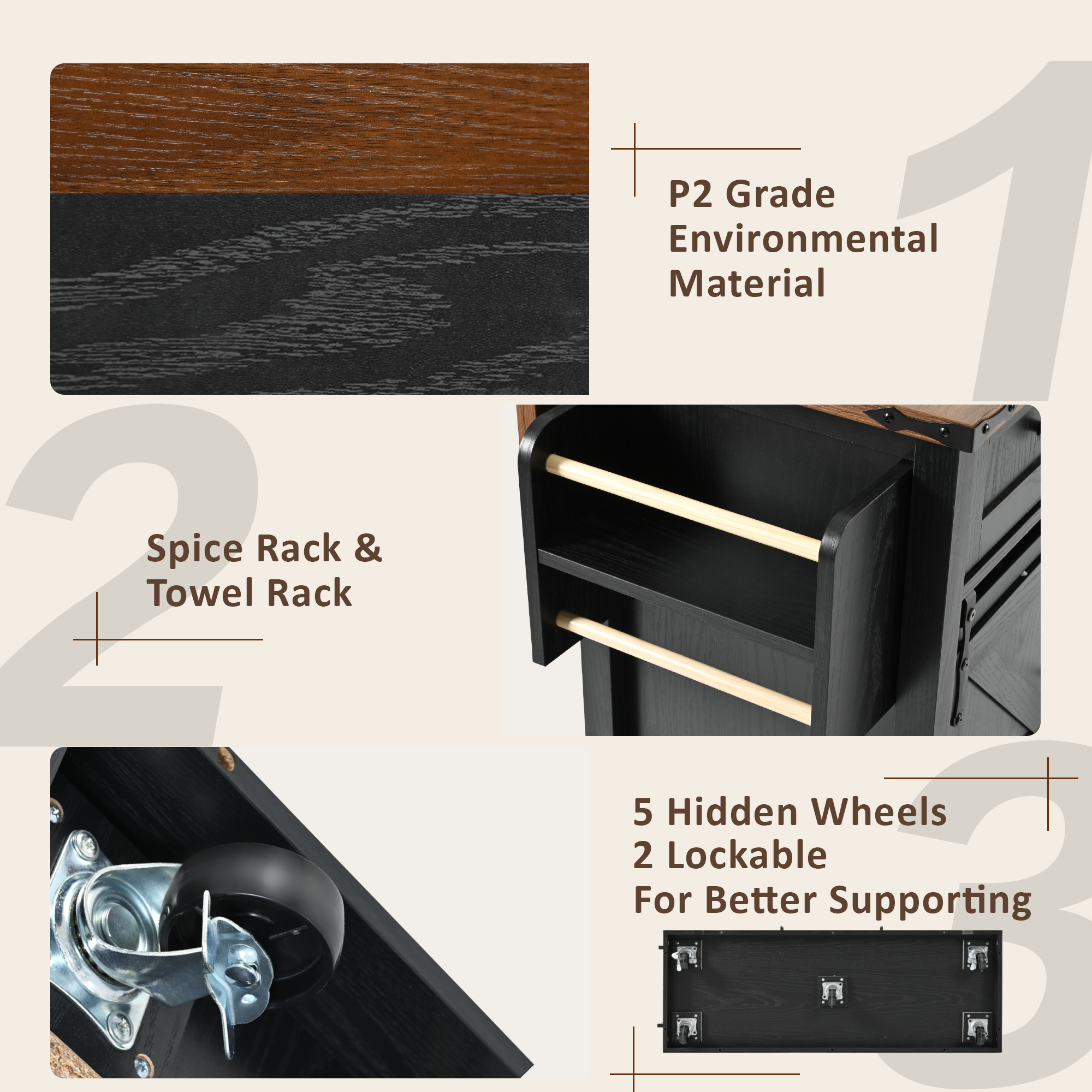 K&K 53.7' Farmhouse Kitchen Island with Power Outlet, 2 Sliding Barn Door Kitchen Storage Island with Drop Leaf, Spice Rack Rolling Kitchen Cart on Wheels, for Home, Kitchen and Dining Room, Black - Grand Goldman Shop