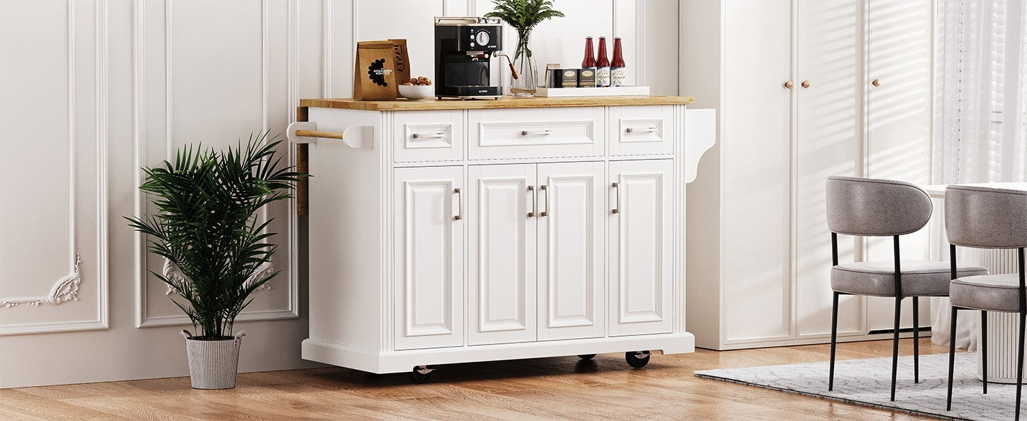 K&K 54inch Large Kitchen Island with Rubber Wood Drop Leaf, Embossed Texture Rolling Kitchen Cart on 4 Wheels with 4 Doors and 3 Drawers, Kitchen Island with Storage for Kitchen, Dining Room,White - Grand Goldman Shop