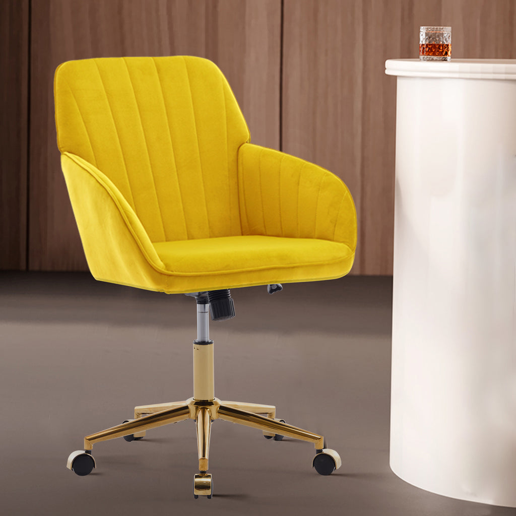 TY Modern Office Chair with Gold Base, Bright Yellow Velvet Upholstery, Wide Backrest and Adjustable Height for Home or Offic