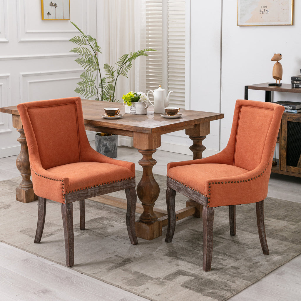 A&A Furniture,Ultra Side Dining Chair，Thickened fabric chairs with neutrally toned solid wood legs， Bronze nail head，Set of 2，Orange - Grand Goldman Shop