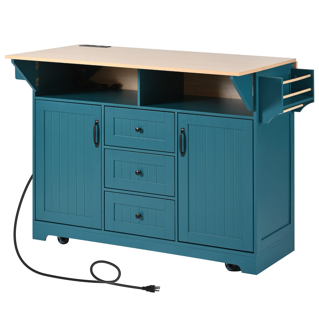 K&K 55.7'' Large Kitchen Island with 2 Drop Leaf,, Rolling Kitchen Cart on 5 Wheels with Power Outlet, Folding Storage Dining Table with Spice & Towel Rack , 3 Drawers, for Kitchen, Dining Room,Green - Grand Goldman Shop