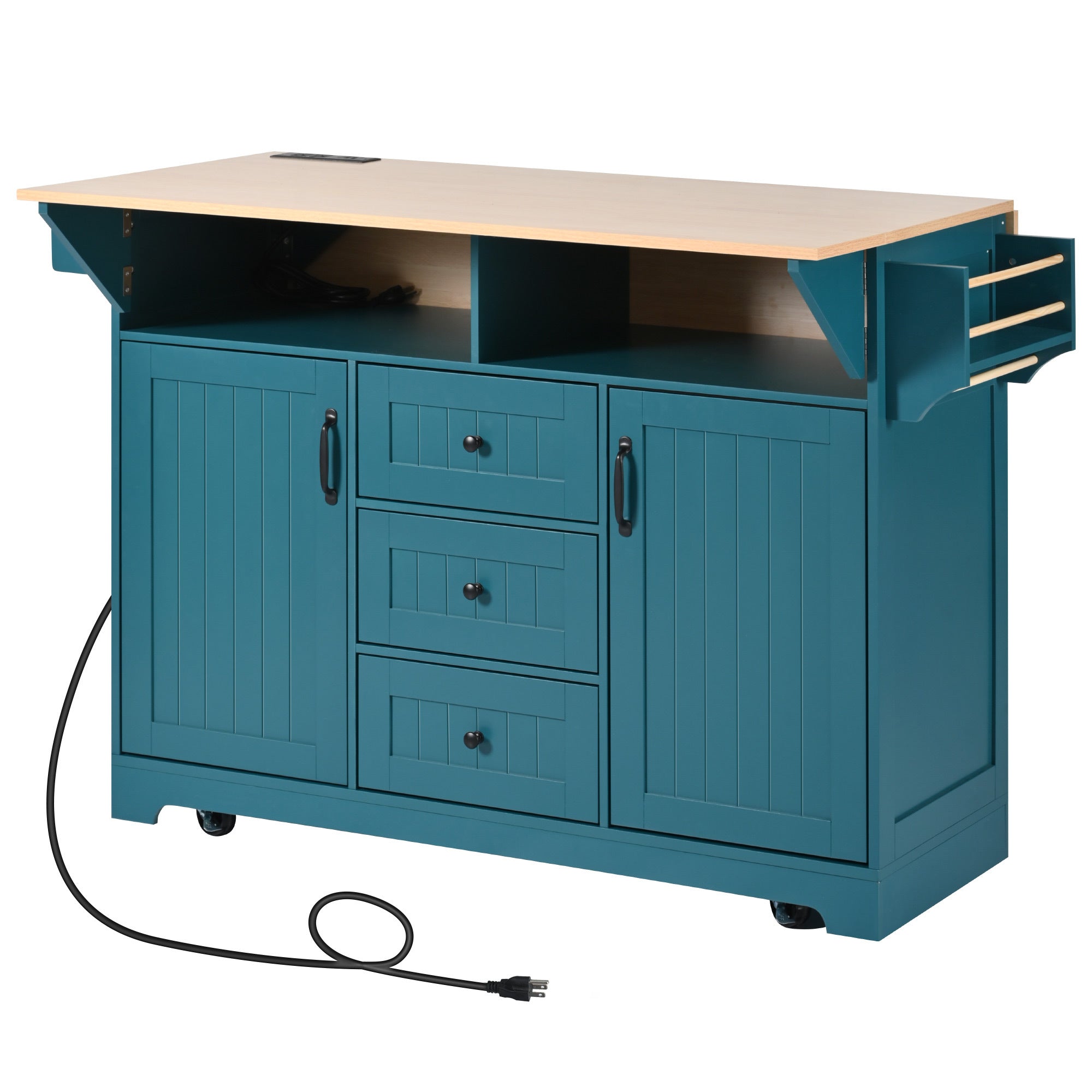 K&K 55.7'' Large Kitchen Island with 2 Drop Leaf,, Rolling Kitchen Cart on 5 Wheels with Power Outlet, Folding Storage Dining Table with Spice & Towel Rack , 3 Drawers, for Kitchen, Dining Room,Green - Grand Goldman Shop