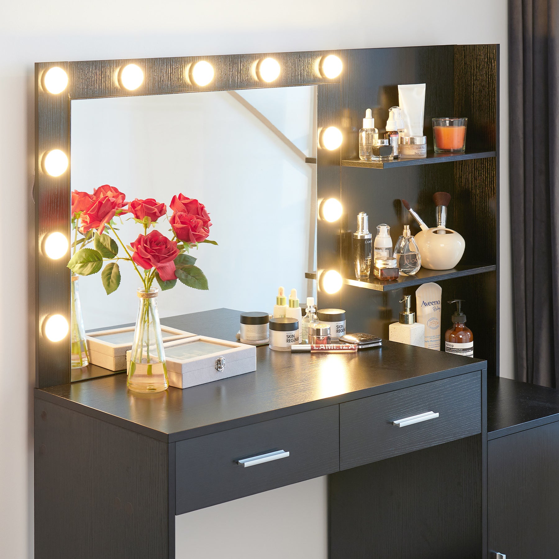 Modern Vanity Desk with Mirror and Lights, 46.4IN Dressing Table, Black MDF Wood, 3-Level Dresser with Adjustable Brightness - Grand Goldman Shop