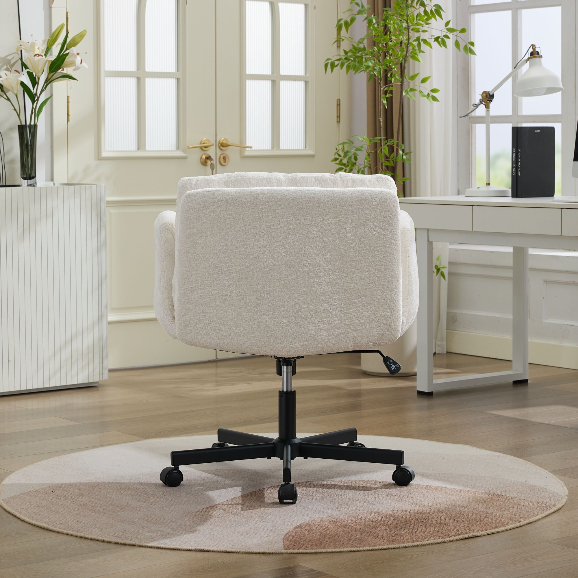 Modern Chenille Swivel Office Chair, Height Adjustable Task Chair with Convertible Multi-Position Armrests,Comfy Double Cushi