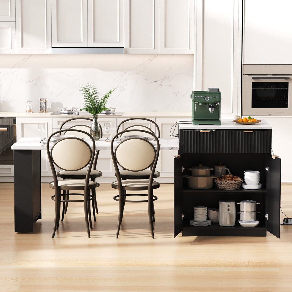 K&K 82.6' Fluted Kitchen Island with Extendable Dining Table for 4-6, Island Table for Kitchen with Power Outlet, Kitchen Table with Double-Side Storage, 2 Drawers 2 Side Open Shelves, Black - Grand Goldman Shop
