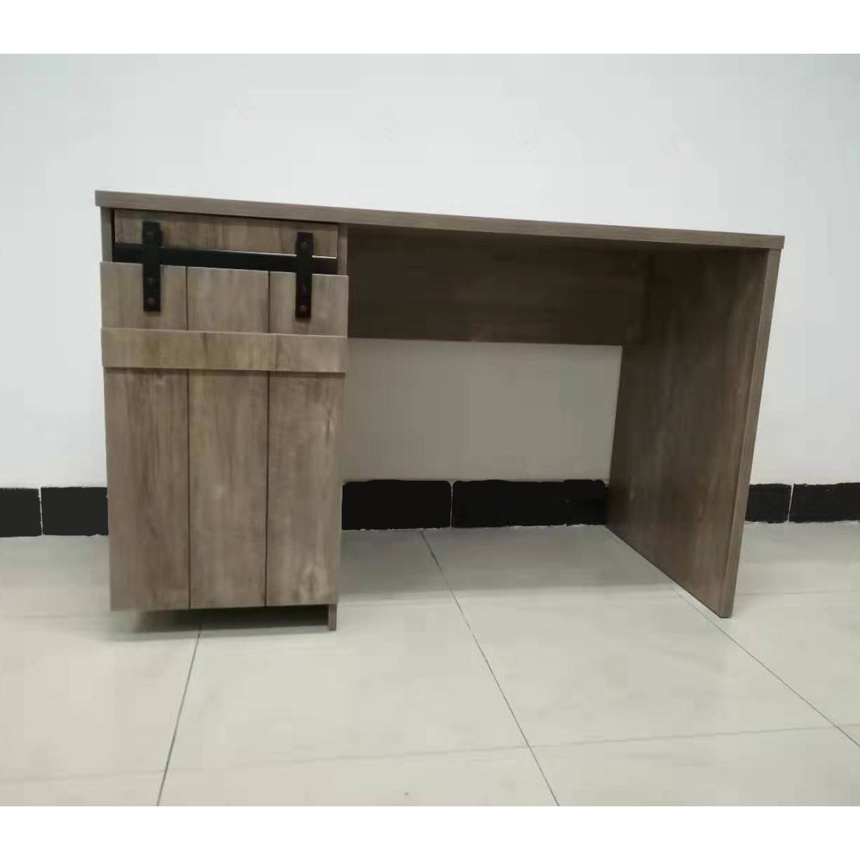 Home Office Desk Hazelnut One Cabinet Three Shelves Faux Barn Door on Metal Euro Hinges Modesty Panel - Grand Goldman