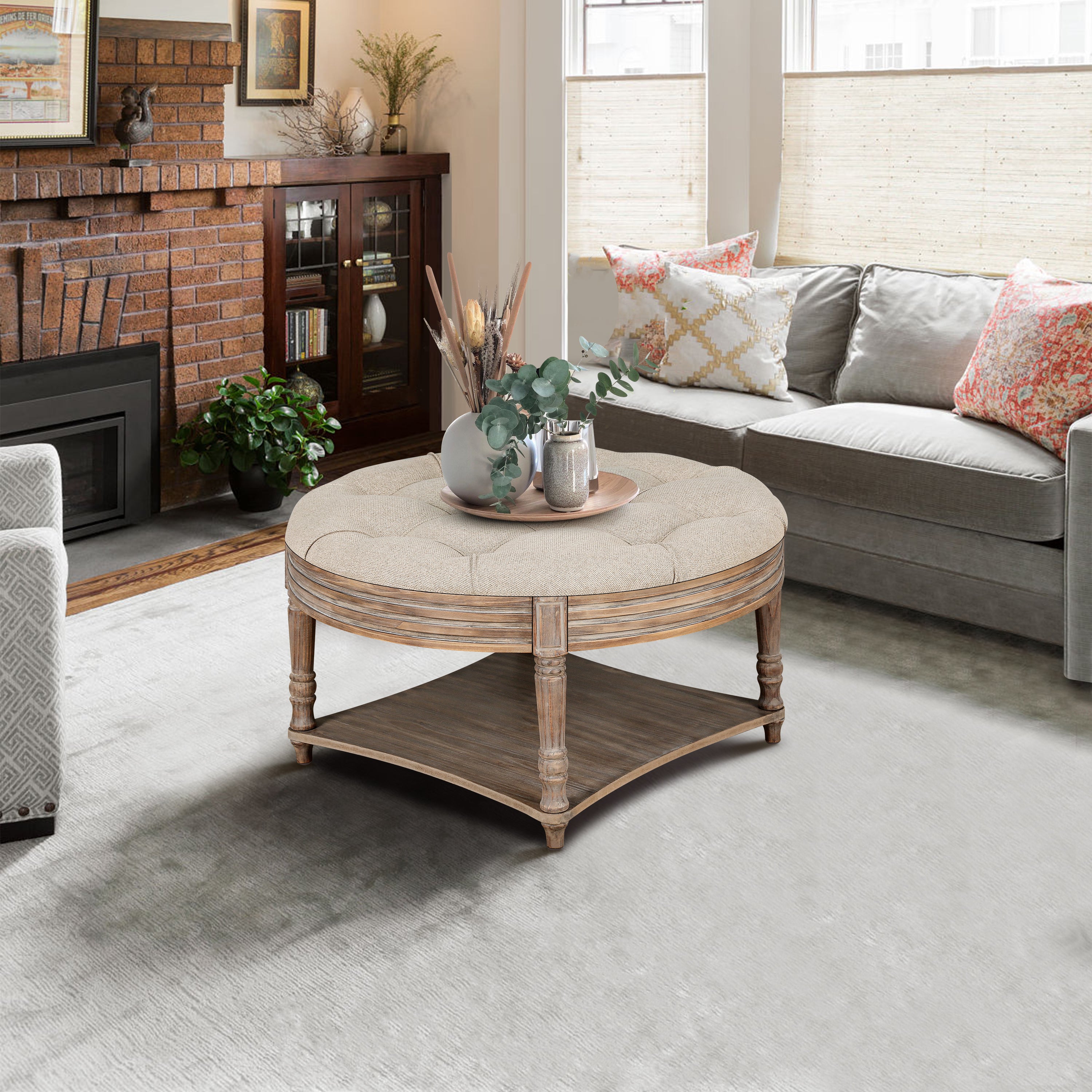 Large Round Waterproof Ottoman Coffee Table 2 Tier Oversized Button Tufted Ottoman with Wooden Shelf Storage Farmhouse Upholstered Coffee Table Living Room Footstool Ottoman Linen - Grand Goldman Shop