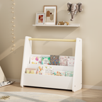 Kids Bookshelf with Wooden Handle, 2-Tier Front-Facing Toddler Bookcase, Portable Children's Book Storage Organizer for Bedro