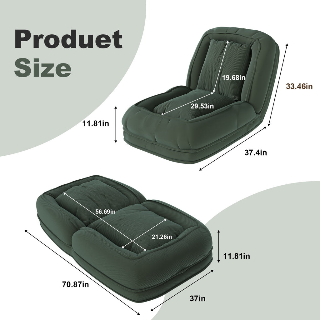 Green Upholstered Human Dog Bed with 5 Adjustable Positions, Foldable Lazy Sofa Bed for Adults and Pets, Includes 2 Soft Pillows for Bedroom, Living Room, Reading Corner - Grand Goldman Shop